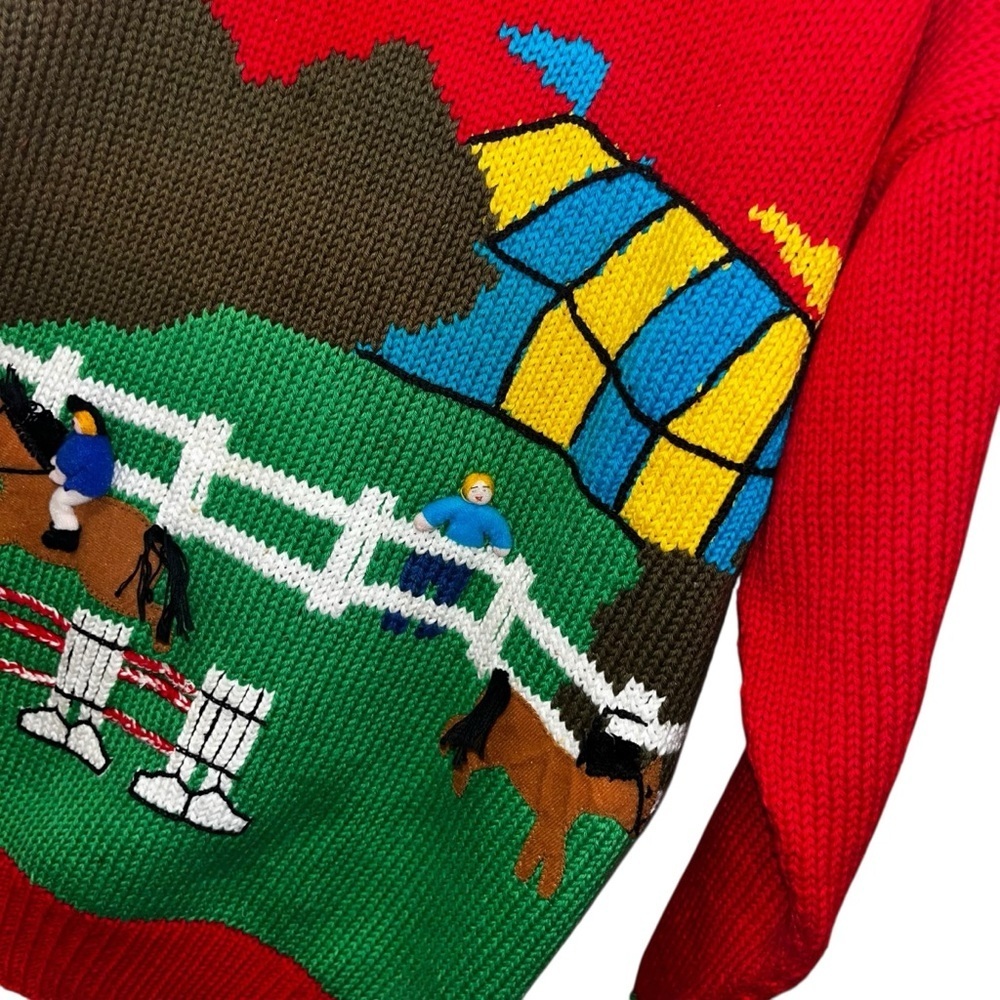 Vintage 100% cotton salsa sweater made in Peru horse jockey 3d large L red retro - Picture 3 of 8